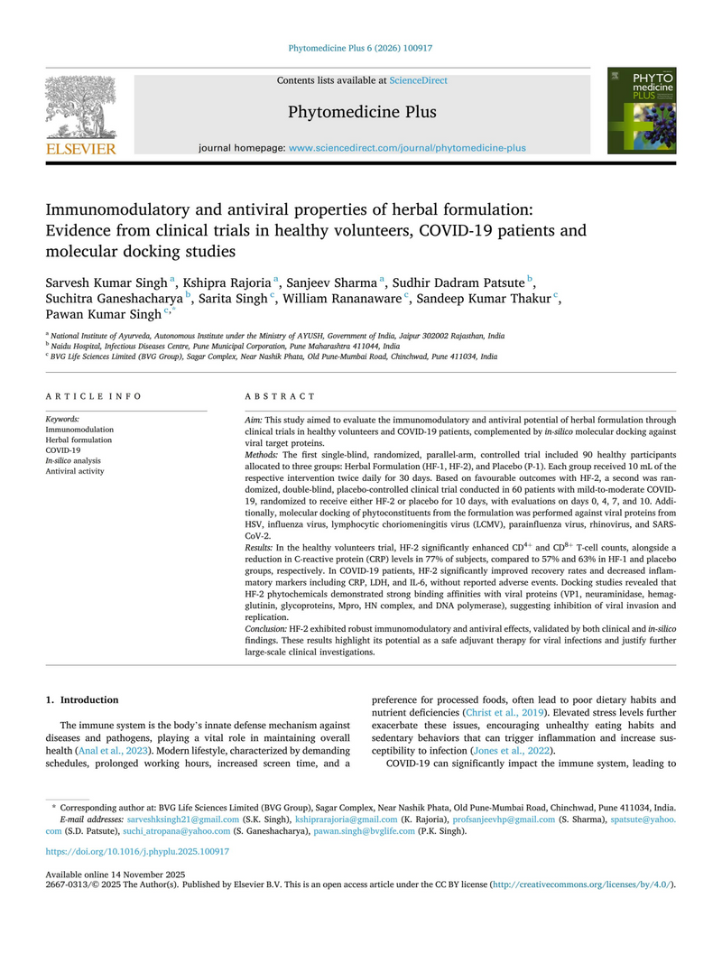 Immunomodulatory and antiviral properties of herbal formulation- Evidence from clinical trials in healthy volunteers, COVID-19 patients and molecular docking studies.
