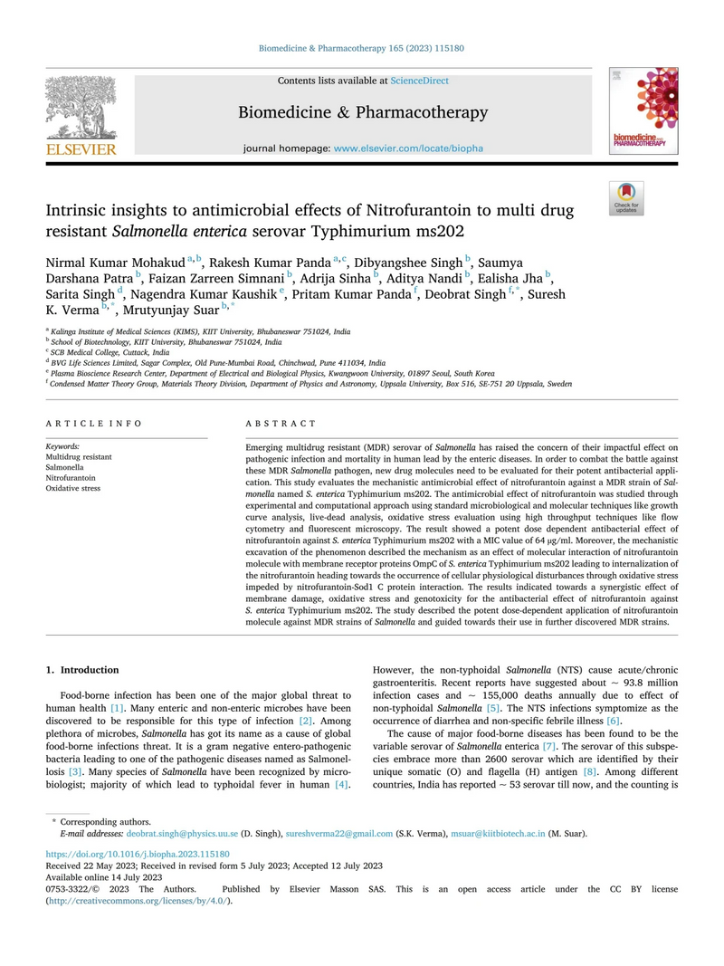 Intrinsic insights to antimicrobial effects of Nitrofurantoin Against multi drug resistant Salmonella enterica serovar Typhimurium ms202.