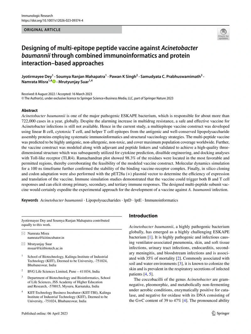 Designing of multi-epitope peptide vaccineAgainst Acinetobacter baumannii through combined immunoinformatics and protein interaction–based approaches.