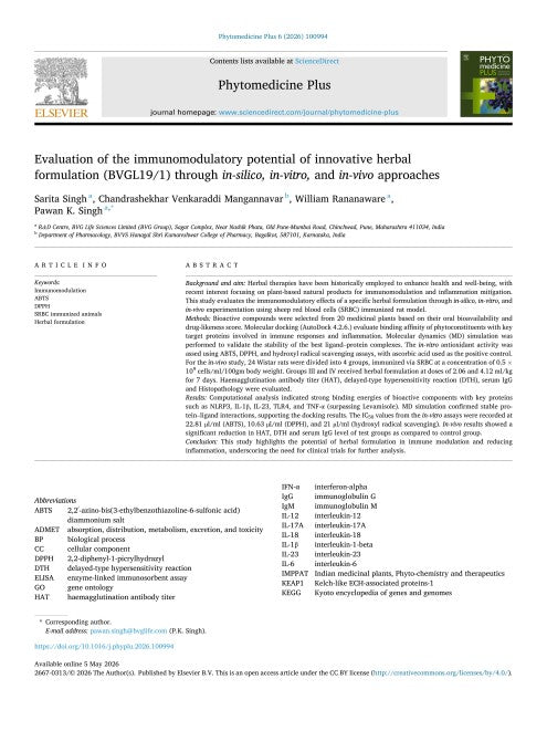 Evaluation of the immunomodulatory potential of innovative herbal formulation (BVGL19/1) through in-silico, in-vitro, and in-vivo approaches